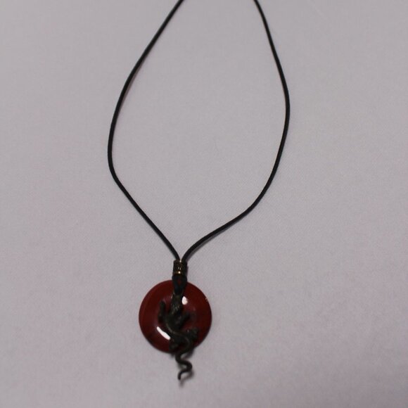 Unisex Red Jasper Gemstone Leather Cord Pendent 30" with Lizard - Picture 3 of 10